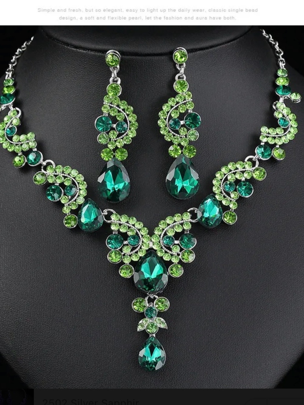 Emerald Teardrop Crystal Necklace & Earring Set - Green